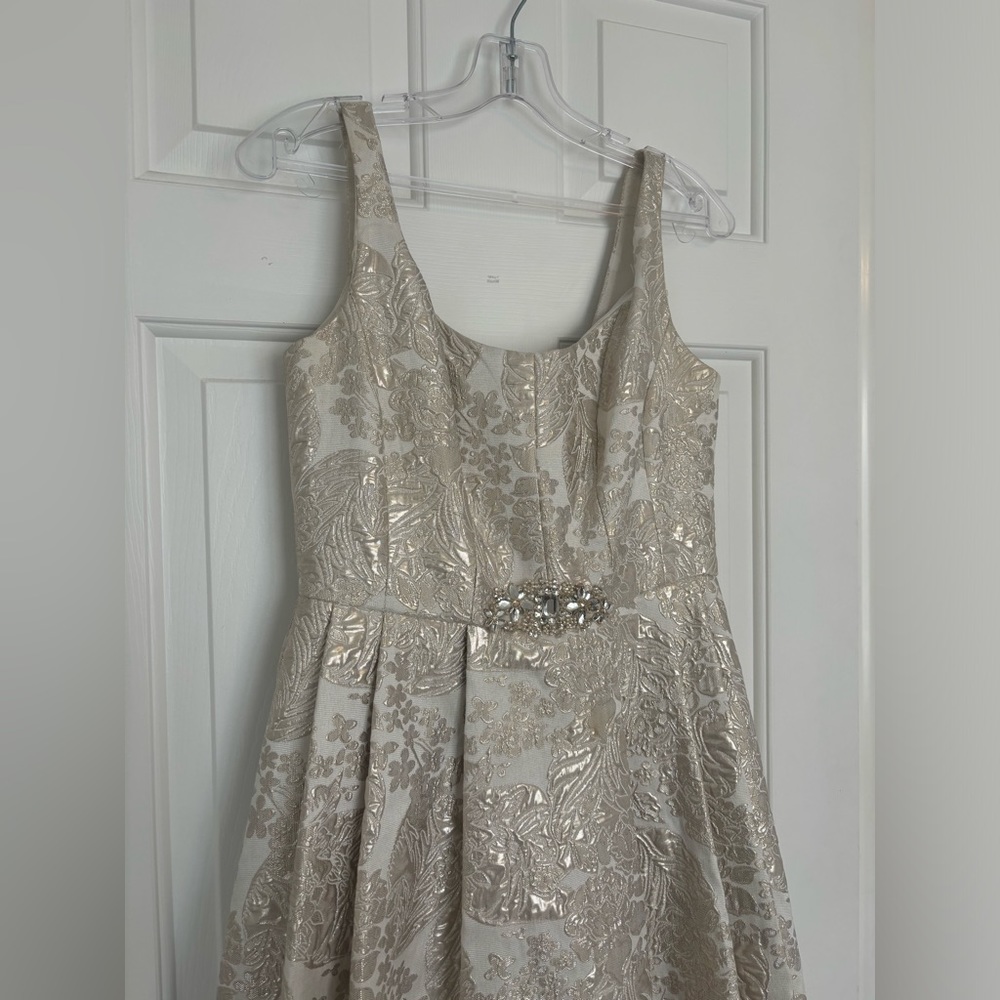 Betsy & Adam champagne and gold high-low formal/prom dress, size 10
